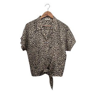 Bohme Blouse Front Ties  Brown Leopard Print Short Sleeve Top Size L